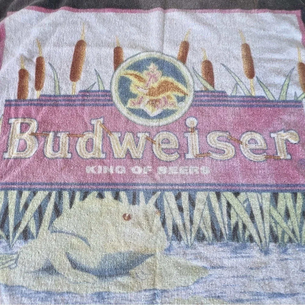 VTG 90s Budweiser Frogs Beach Towel King of Beers Lilly Pad Reeds 28x55 FADED